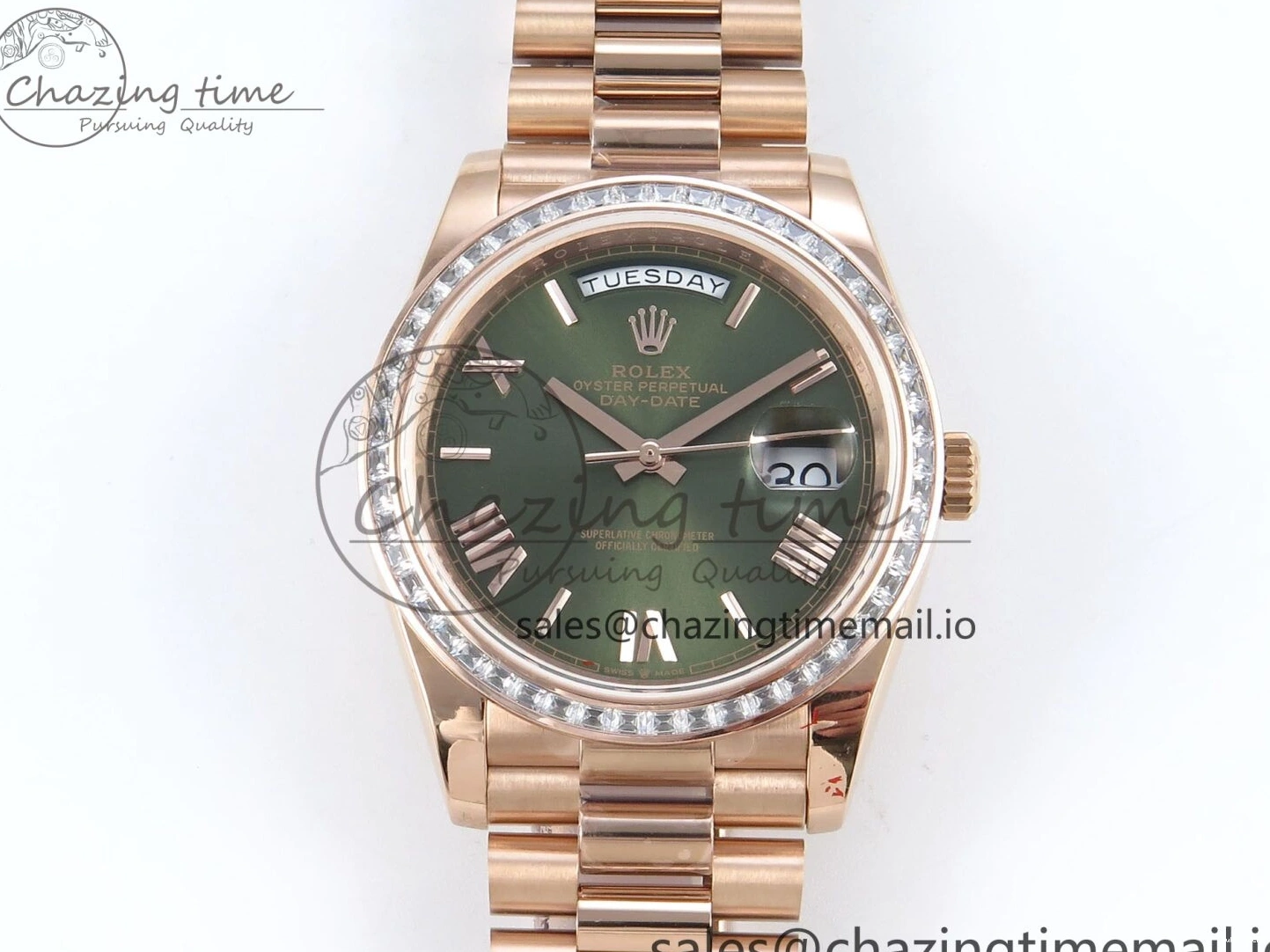 Roman on Weight) DayDate Best Green Dial President V5 A2836 1:1 Bracelet Edition 40 Bezel RG QF Diamonds (Gain 0111